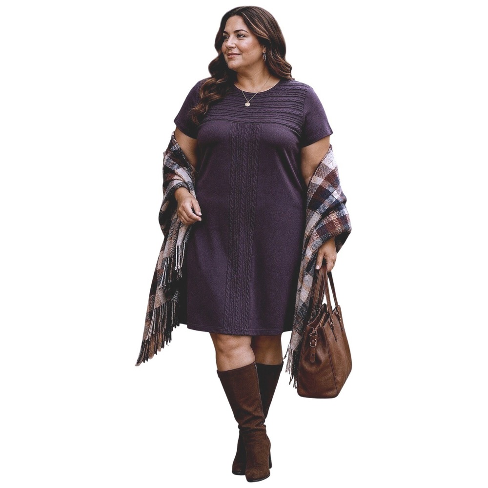 Lane Bryant Sweater Dress Womens 14/16 Dark Plum Cable Knit‎ Yoke Shift Classic